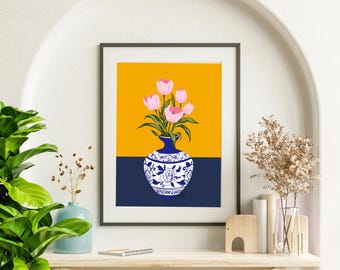 Hand Drawn Tulip Vase Set, Iznik Ottoman Tile Art, Blue Porcelain, Printable Wall Art