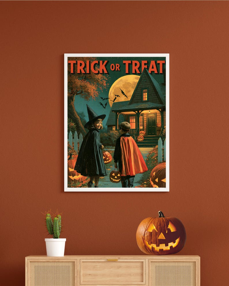 Vintage Halloween Poster, Trick or Treat Printable, Retro Jack O Lantern Wall Art, Halloween Decor bild 4