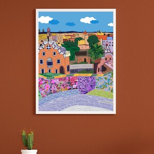 Barcelona Wall Art, Hand Drawn Park Guell Print, Gaudi Architecture, Spain Travel Poster bild 6