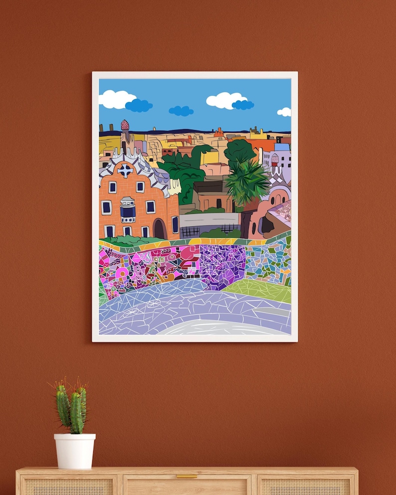 Barcelona Wall Art, Hand Drawn Park Guell Print, Gaudi Architecture, Spain Travel Poster bild 6
