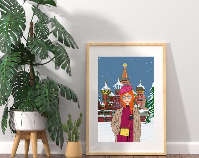 Moscow St Basil Cathedral Winter Travel Poster, Cozy City Illustration Digital Download