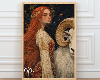 Aries Zodiac Wall Art, Warrior Woman and Ram Print, Celestial Astrology Poster, Aries Gift, Printable Wall Art