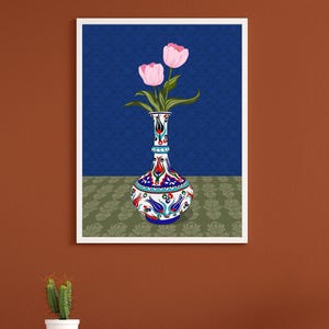 Pink Tulip Wall Art, Hand Drawn Ottoman Vase Print, Turkish Floral Illustration, Maximalist Flower Art image 5