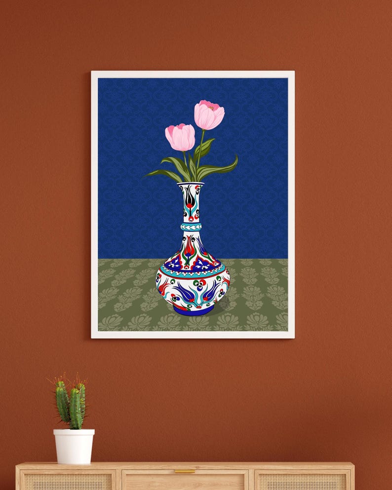 Pink Tulip Wall Art, Hand Drawn Ottoman Vase Print, Turkish Floral Illustration, Maximalist Flower Art image 5