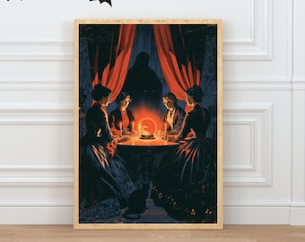 Arte de parede inspirada em sessões espíritas vitorianas, impressão de bola de cristal, decoração ocultista no estilo Dark Academia, estampa vintage de Halloween.