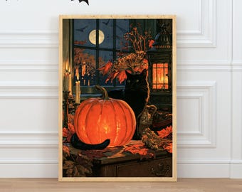 Gothic Halloween Wall Art, Black Cat and Pumpkin Printable, Vintage Lantern Print, Witchy Decor
