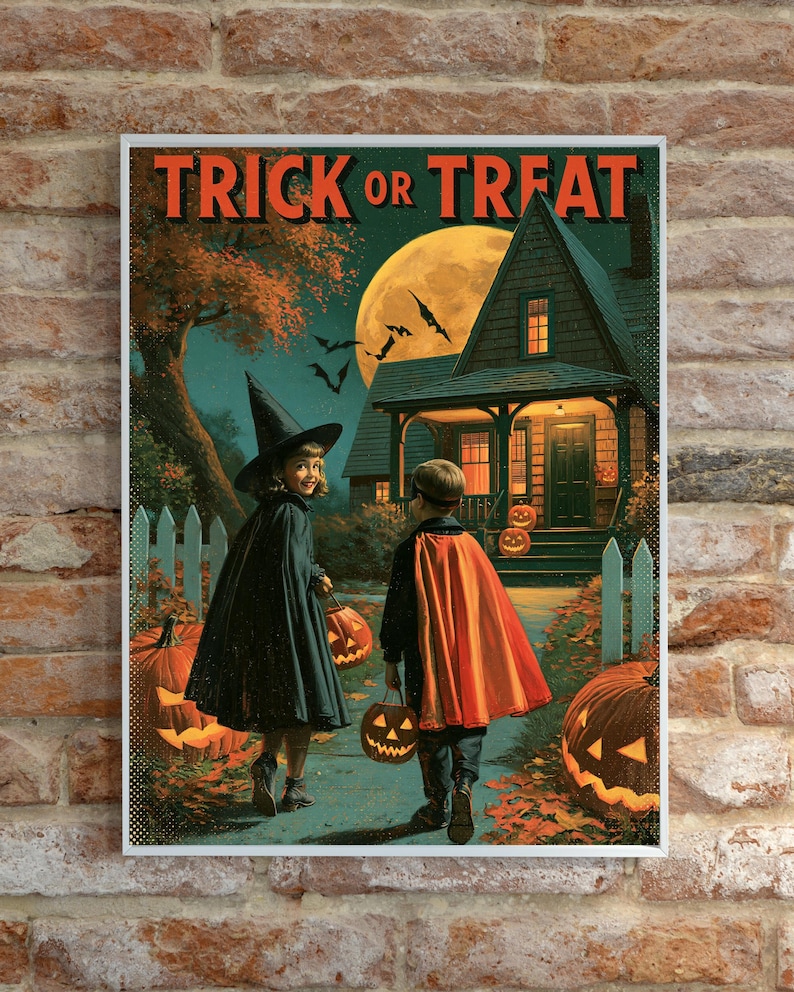 Vintage Halloween Poster, Trick or Treat Printable, Retro Jack O Lantern Wall Art, Halloween Decor bild 8