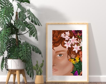 Butterfly Botanical Male Portrait Wall Art, Hand Drawn Floral Modern Printable - Digital Download