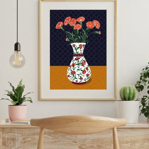 Carnation Wall Art, Hand Drawn Ottoman Vase Print, Turkish Floral Folk Art, Botanical Illustration image 6