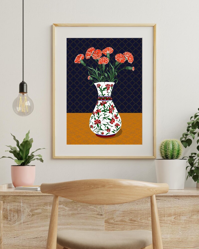 Carnation Wall Art, Hand Drawn Ottoman Vase Print, Turkish Floral Folk Art, Botanical Illustration image 6