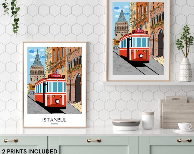 Istanbul Tram Printable, Taksim Galata Tower Travel Poster, Digital Wall Art, Hand Drawn Illustration