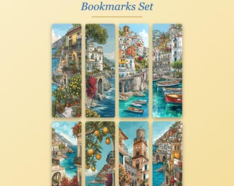 Lesezeichen-Set mit 8 ausdruckbaren Motiven der Amalfiküste, Aquarell-Lesezeichen aus Italien, Zitronen-Lesezeichen, Geschenk für Bücherliebhaber