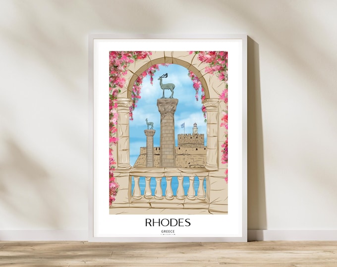 Hand-Drawn Rhodes Old Town & Medieval Castle | Greece Travel Poster Printable Wall Art Digital Download