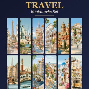 12er-Set Lesezeichen zum Ausdrucken, Lesezeichen mit Reisezielen, Aquarell-Stadtmotive, Geschenk für Bücherliebhaber Bild 1
