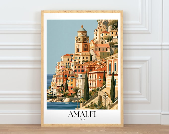 Amalfi Italy Travel Poster, Iconic City Wall Art, Coastal Architecture Illustration, Home Decor Digital Download