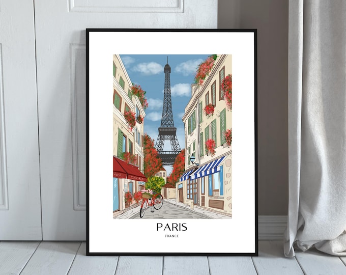 Paris Eiffel Tower Printable Wall Art | Hand-Drawn French Street Scene | Digital Download | Travel Poster