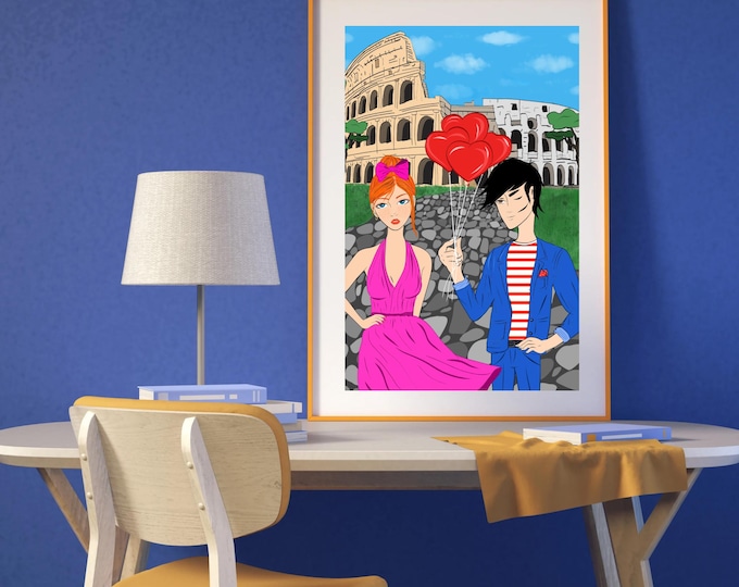 Romantic Rome Colosseum Couple Printable Art, Valentine's Day Gift, Hand Drawn Digital Download