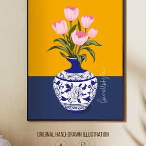 Tulip Vase Wall Art Set of 2, Hand Drawn Turkish Floral Prints, Ottoman Folk Art, Gallery Wall Set image 2