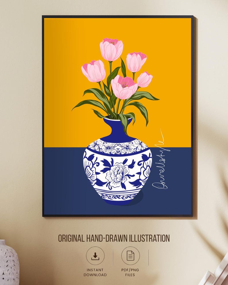 Tulip Vase Wall Art Set of 2, Hand Drawn Turkish Floral Prints, Ottoman Folk Art, Gallery Wall Set image 2