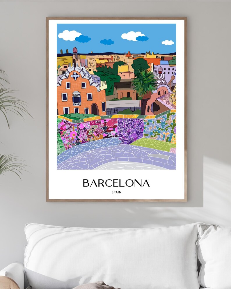 Barcelona Wall Art, Hand Drawn Park Guell Print, Gaudi Architecture, Spain Travel Poster bild 10