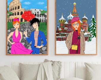 Travel Poster Bundle Set of 2 | Rome Colosseum Moscow Red Square | Hand-Drawn Digital Download | City Wall Art Printable Gift