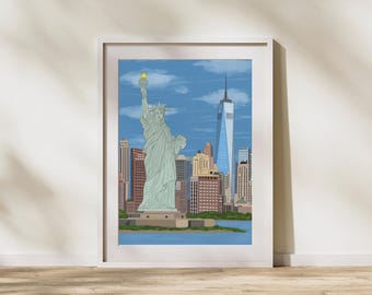 Hand Drawn NYC Skyline Art, Manhattan Wall Poster, Statue of Liberty Travel Print