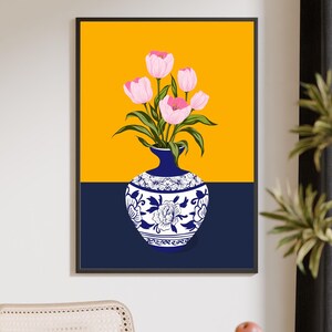 Tulip Vase Wall Art Set of 2, Hand Drawn Turkish Floral Prints, Ottoman Folk Art, Gallery Wall Set image 11