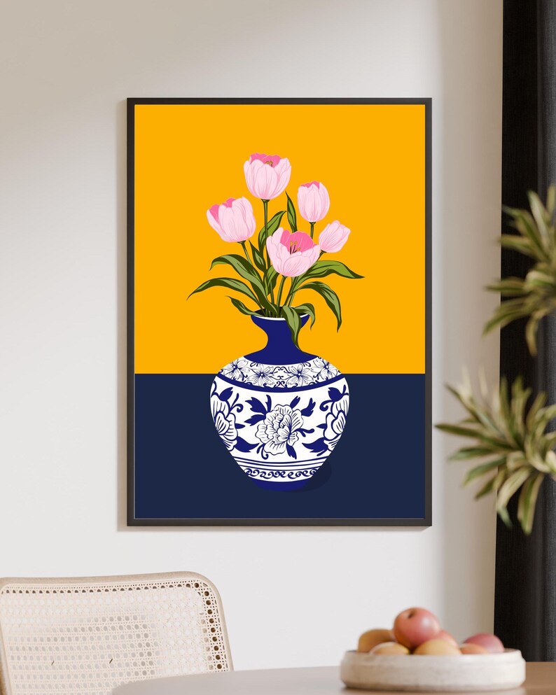 Tulip Vase Wall Art Set of 2, Hand Drawn Turkish Floral Prints, Ottoman Folk Art, Gallery Wall Set image 11