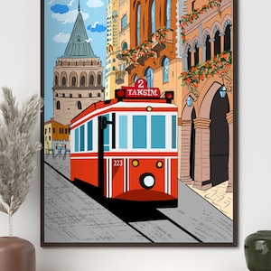 Istanbul Wall Art, Hand Drawn Red Tram and Galata Tower Print, Turkey Travel Poster, Printable City Art 画像 11