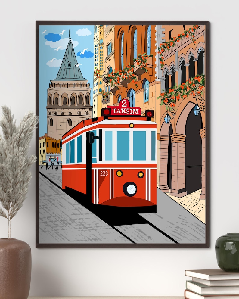 Istanbul Wall Art, Hand Drawn Red Tram and Galata Tower Print, Turkey Travel Poster, Printable City Art 画像 11