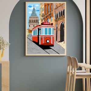 Istanbul Wall Art, Hand Drawn Red Tram and Galata Tower Print, Turkey Travel Poster, Printable City Art 画像 8
