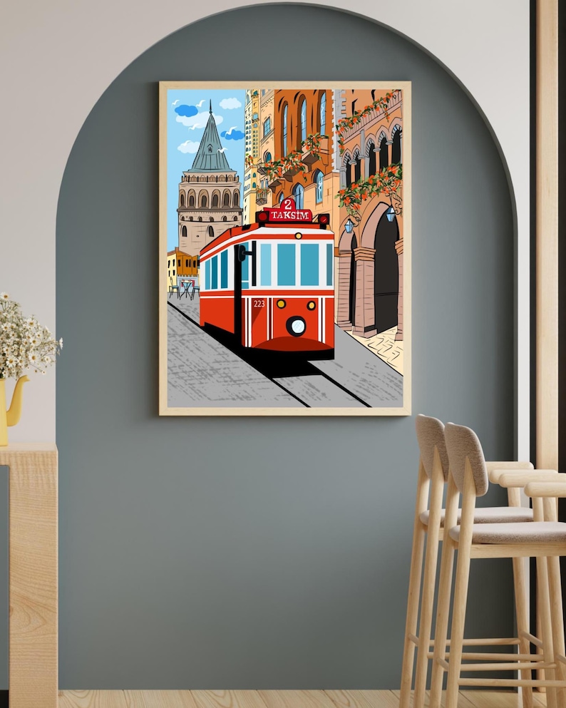 Istanbul Wall Art, Hand Drawn Red Tram and Galata Tower Print, Turkey Travel Poster, Printable City Art 画像 8