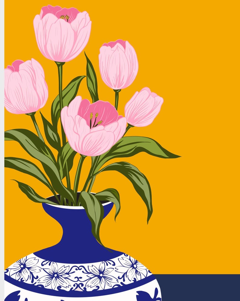 Handgetekende tulpen in een Turkse vaas, Ottomaanse bloemenkunstprint voor aan de muur. afbeelding 2