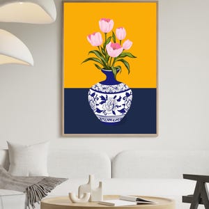 Handgetekende tulpen in een Turkse vaas, Ottomaanse bloemenkunstprint voor aan de muur. afbeelding 11