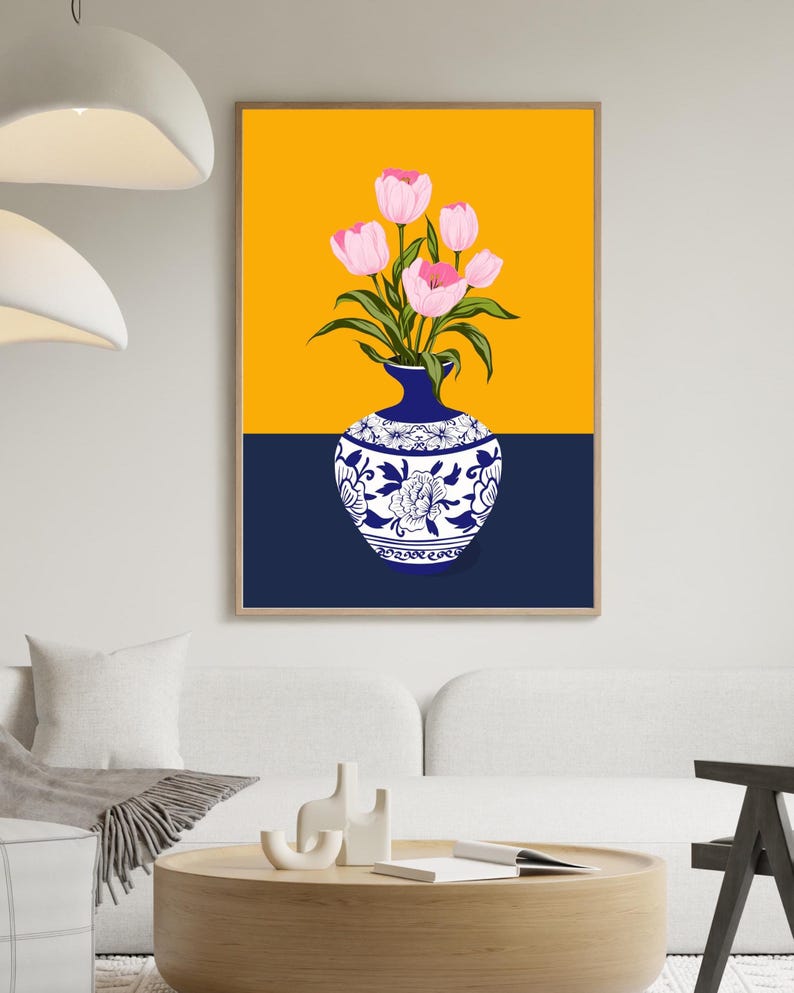 Handgetekende tulpen in een Turkse vaas, Ottomaanse bloemenkunstprint voor aan de muur. afbeelding 11