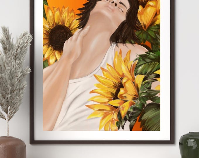 Floral Male Portrait Printable, Sunflower Botanical Wall Art, Hand-Drawn Digital Download