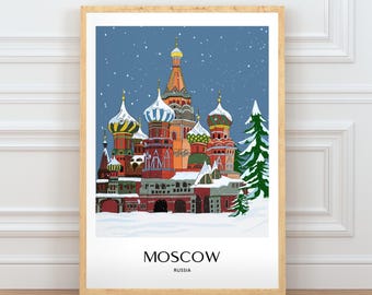 Moscow Print Digital Download | Red Square St Basil Cathedral Russia Wall Art | Hand-Drawn Travel Poster
