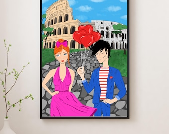 Hand-Drawn Romantic Rome Colosseum | Italy Travel Poster Printable Wall Art Digital Download