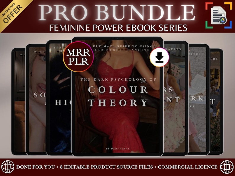 K&ouml;nnte beinhalten: Ein digitales Produktpaket mit dem Titel "PRO BUNDLE FEMININE POWER EBOOK SERIES". Das Bild zeigt mehrere Tablets mit E-Book-Covern. Das zentrale Tablet zeigt eine Frau in einem roten Kleid. Der Text enth&auml;lt "COLOUR THEORY" und "MRR PLR."