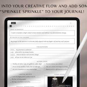 May include: A digital tablet displaying a journal page with text, including "GET INTO YOUR CREATIVE FLOW" and "SPRINKLE SPRINKLE." A white stylus rests on the screen. The journal page features sections for manifestation, prayer, visualization, and action steps.