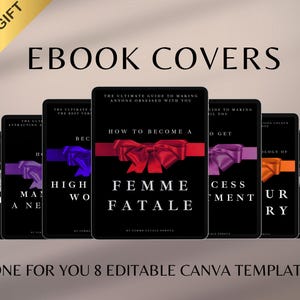 K&ouml;nnte beinhalten: E-Book-Cover auf schwarzem Hintergrund mit farbigen Schleifen. Der Text lautet "How to Become a Femme Fatale" und andere Titel. Das Bild enth&auml;lt den Text "Bonus Gift" und "Done for You 8 Editable Canva Templates".