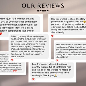 May include: Image featuring customer reviews for a book, with text bubbles containing testimonials. The reviews express positive experiences, mentioning mindset changes, peace, and personal growth. The title "OUR REVIEWS" is at the top.