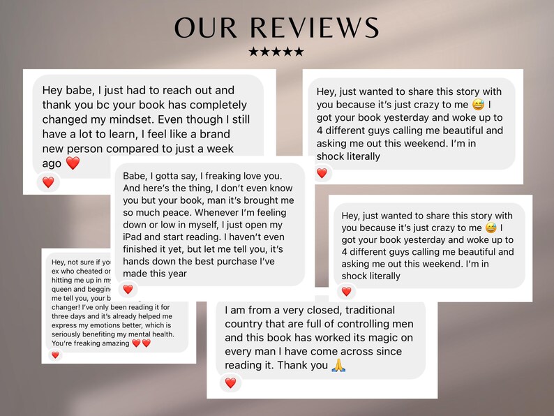 May include: Image featuring customer reviews for a book, with text bubbles containing testimonials. The reviews express positive experiences, mentioning mindset changes, peace, and personal growth. The title "OUR REVIEWS" is at the top.
