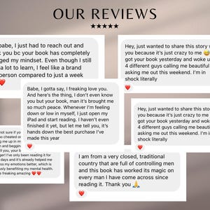 May include: Image featuring customer reviews with the title "OUR REVIEWS" and a five-star rating. The reviews are in white text boxes with red heart emojis, sharing positive experiences and testimonials about a book.