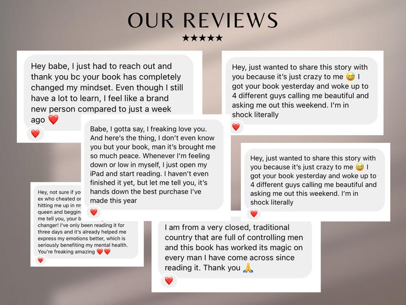 May include: Image featuring customer reviews with the title "OUR REVIEWS" and a five-star rating. The reviews are in white text boxes with red heart emojis, sharing positive experiences and testimonials about a book.