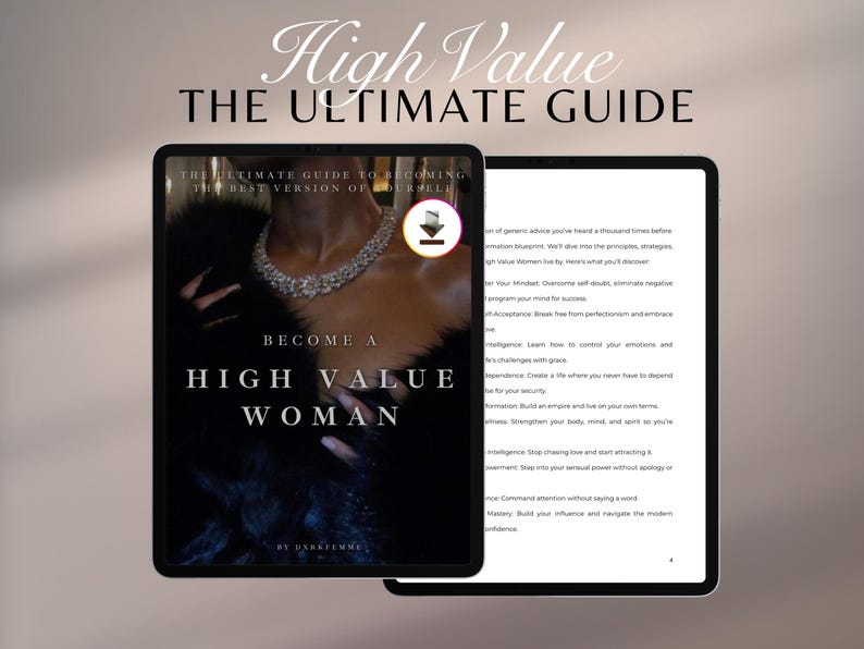 K&ouml;nnte beinhalten: Zwei Tablets mit dem Text "High Value, The Ultimate Guide". Eines zeigt ein Buchcover mit dem Titel "Become a High Value Woman" und eine Frau mit Diamantkette. Das andere zeigt den Inhalt des Buches mit Aufz&auml;hlungszeichen.
