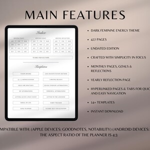 May include: A digital planner displayed on a tablet, featuring a clean, minimalist design with a dark feminine energy theme. The planner includes an index, yearly reflection, and various templates. Text highlights 427 pages, an undated edition, and instant download.