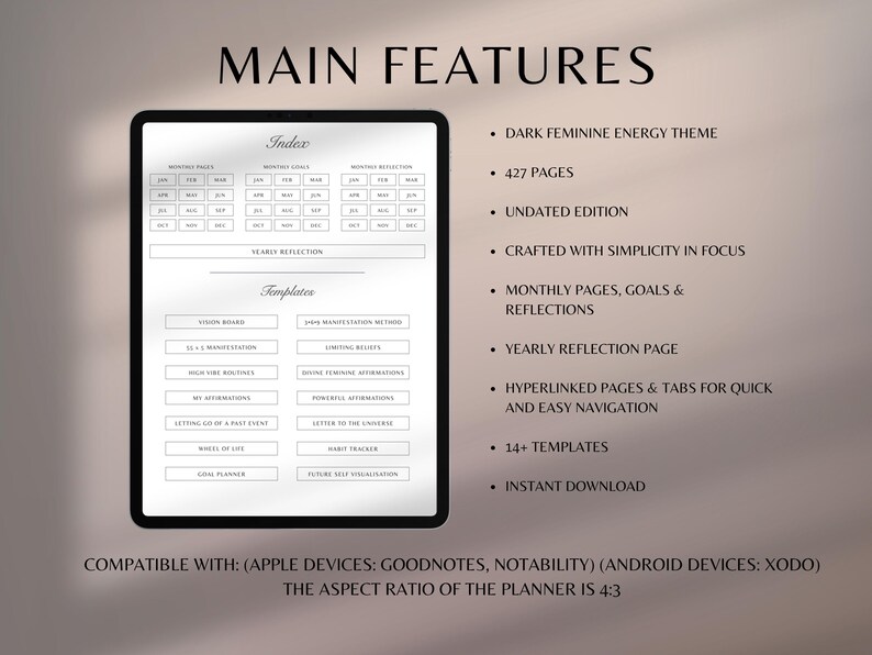 May include: A digital planner displayed on a tablet, featuring a clean, minimalist design with a dark feminine energy theme. The planner includes an index, yearly reflection, and various templates. Text highlights 427 pages, an undated edition, and instant download.