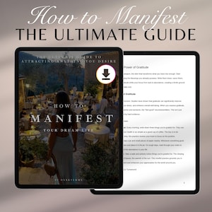 Pode incluir: Um tablet digital exibe a capa de um guia de autoajuda intitulado "How to Manifest: The Ultimate Guide". A capa apresenta uma mulher em um vestido branco, com o texto "How to Manifest Your Dream Life."