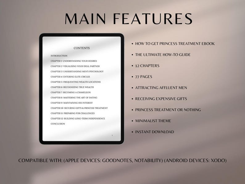 May include: A digital tablet shows the title "MAIN FEATURES" and the contents of an ebook. The ebook covers topics such as attracting affluent men, receiving gifts, and princess treatment. The ebook is compatible with Apple and Android devices.
